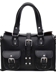 Retro black lychee textured handbag with dual handles and silver hardware on white background