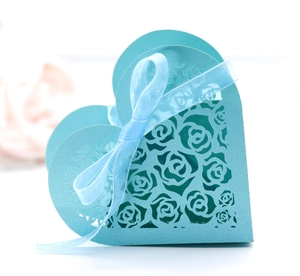 Detail view of heart-shaped blue gift box with laser-cut rose and organza ribbon