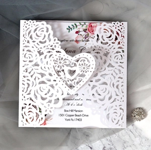 Elegant laser cut white heart rose invitation card set with floral inner sheet