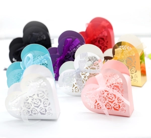 Laser-cut heart gift boxes with rose patterns and matching silk ribbons in various colors