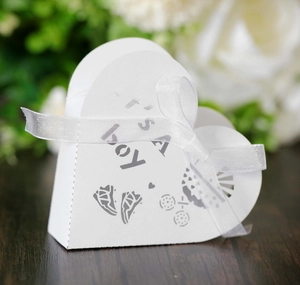 Close-up of white It's a Boy gift box with baby theme cutouts and white ribbon bow