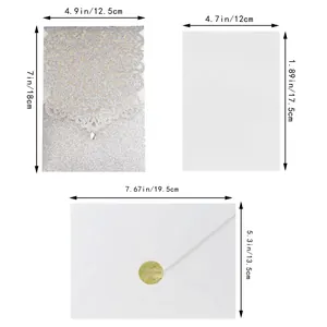 Size guide for laser cut glitter wedding invitation set with dimensions for envelopes