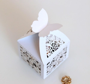 Detailed laser-cut floral pattern and 3D butterfly on ivory square wedding candy box