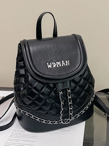 Women Quilted PU Leather Mini Backpack Fashion Urban Casual Daypack With Metal Chain Lettering Detail Travel School Bag