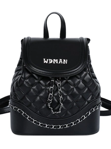 Quilted black lattice backpack with metal chain and flap closure for casual outdoor travel