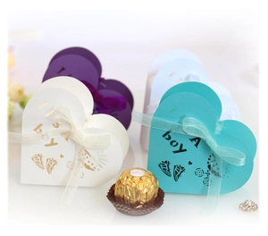 European heart-shaped It's a Boy candy boxes with hollow stroller design and satin ribbons