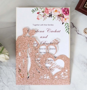 Detailed laser-cut rose gold glitter wedding card with Mr & Mrs heart and floral insert