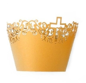 Golden laser-cut cupcake wrapper featuring intricate floral lace and cross pattern detail
