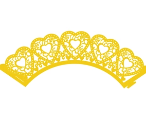 Laser-cut yellow paper cupcake wrappers with heart and petal lace patterns for party decor