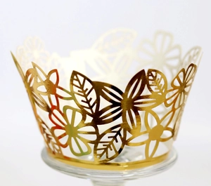 Elegant Floral Leaf Hollow Out Laser Cut Artificial Pearl Paper Cupcake Wrappers Wedding Birthday Party Cake Decoration Supplies