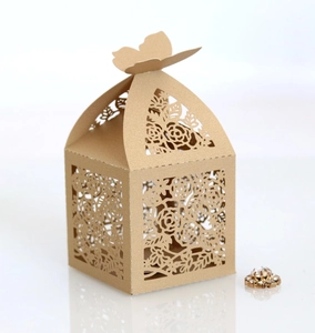 Detailed macro view of laser-cut rose patterns and butterfly clasp on kraft paper box