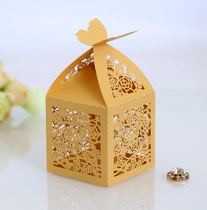 Macro detail of laser-cut rose patterns and 3D butterfly closure on gift box