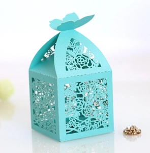 Macro detail of laser-cut rose patterns and butterfly clasp on tiffany blue gift box