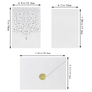 Detailed size guide for laser-cut rose invitations showing cover, inner sheet and envelope