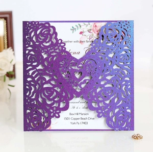 Detail of laser-cut rose hollow purple invitation with pearlescent floral design