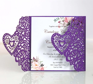 Laser cut purple rose and heart wedding invitation with floral printed inner card