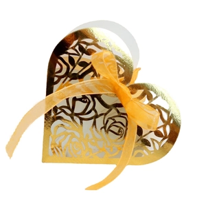 Laser-cut heart gift box with gold rose pattern and elegant orange silk ribbon