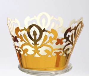 Elegant gold laser-cut cupcake wrapper with crown lace design for wedding party decoration