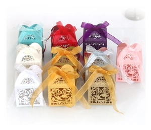 Laser cut favor boxes with love bird design and ribbon in various colors for weddings