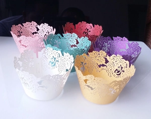 Lace laser-cut cupcake wrappers in six assorted colors with vine and grape patterns