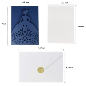 Detailed laser cut dark blue invitation set with exact measurements and envelopes