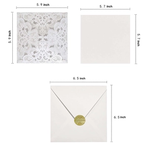 Detailed size chart for dark green laser cut lace wedding invitation card with dimensions