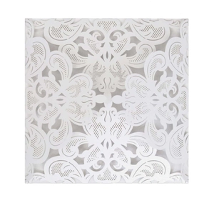Elegant laser-cut square white lace invitation card with symmetrical floral pattern