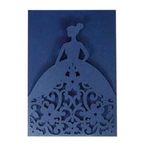 Elegant dark blue laser-cut wedding invitation featuring a hollow floral girl silhouette