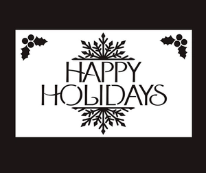 Symmetric Happy Holidays PET painting stencil featuring snowflakes and holly leaf patterns