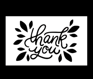 Minimalist white rectangular thank you card with black script and leaf patterns on black background