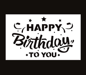 Laser-cut PET stencil featuring Happy Birthday artistic typography and stars for DIY painting
