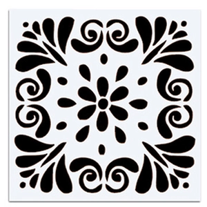 Square PET mandala stencil with black floral pattern for DIY drawing and painting