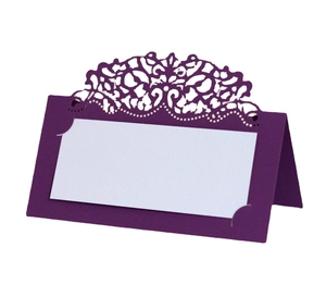 Purple laser cut table card with lace floral pattern for weddings and elegant seating