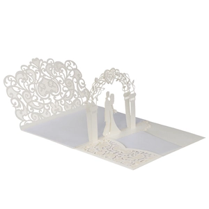 Exquisite laser-cut 3D pop-up wedding invitation featuring floral lace and couple silhouette