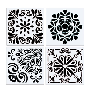 Set of 4 white square PET stencils with symmetrical floral mandala patterns for DIY painting