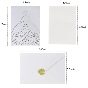 Detailed laser cut wedding invitation set with dimensions for cover, insert and envelope