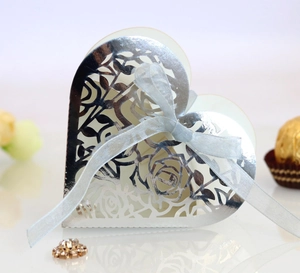 Detail of silver laser-cut heart candy box with rose patterns and blue ribbon bow