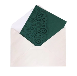 Elegant laser-cut dark green wedding invitations with white envelopes set of one