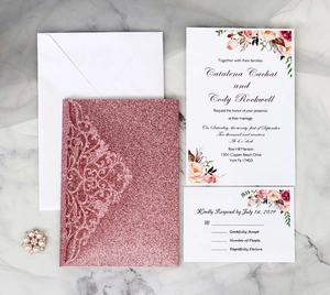 Laser cut glitter wedding invitation set with rose red cover and floral main card