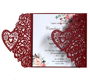 Laser-cut burgundy rose and heart wedding invitation with white floral printed insert
