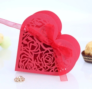 Macro detail of laser-cut rose patterns on a red heart-shaped wedding favor candy gift box