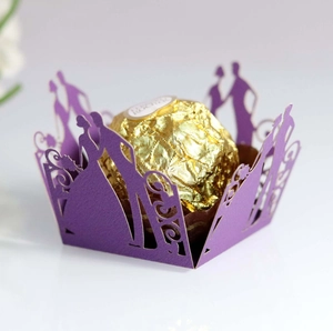 Laser cut purple wedding chocolate wrapper with elegant silhouette and vine pattern