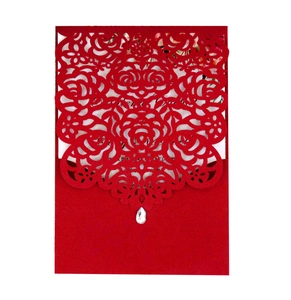 Elegant red laser-cut rose wedding invitation card with sparkling diamond accent