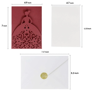European laser-cut wedding invitations with dress design and envelope sizing details