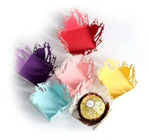 Laser-cut groom and bride hollow candy cups in various colors for weddings