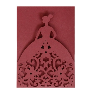 Elegant laser cut wedding invitation card featuring an intricate girl silhouette in deep red