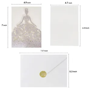 Silver glitter princess dress invitation set with detailed dimensions for cards and envelopes
