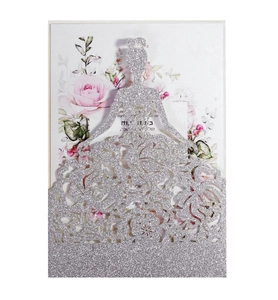 Detailed laser-cut silver glitter wedding invitation with rose pattern and female silhouette