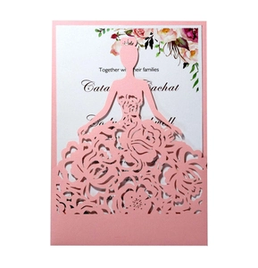 Pink laser-cut wedding invitation featuring elegant floral patterns and a feminine silhouette