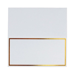 Elegant white foldable place card with a premium gold foil border for wedding seating